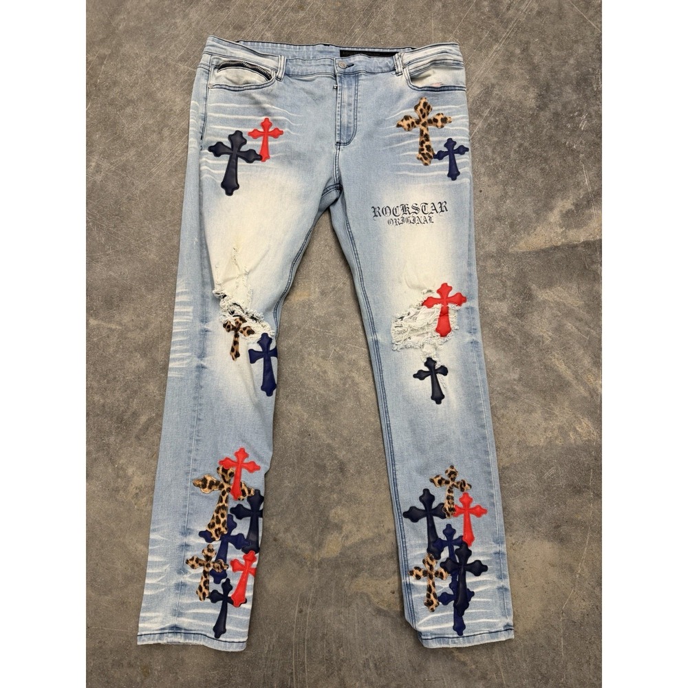 Rockstar Original Jeans Mens 42 Ultra Slim Distressed Cross Patch Denim Pants